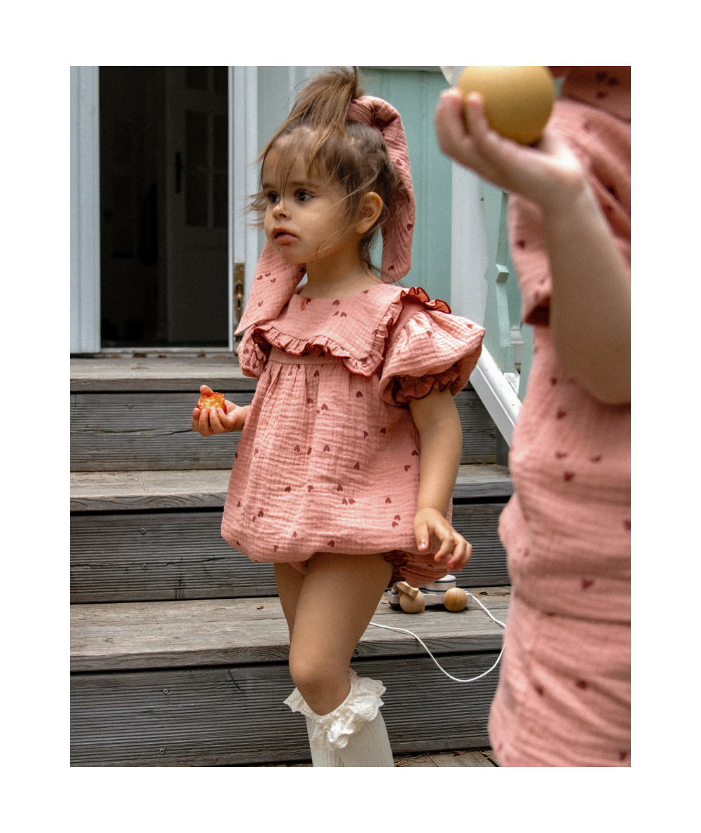 SIBELLE - Barboteuse en mousseline Oeko-Tex motifs cœurs